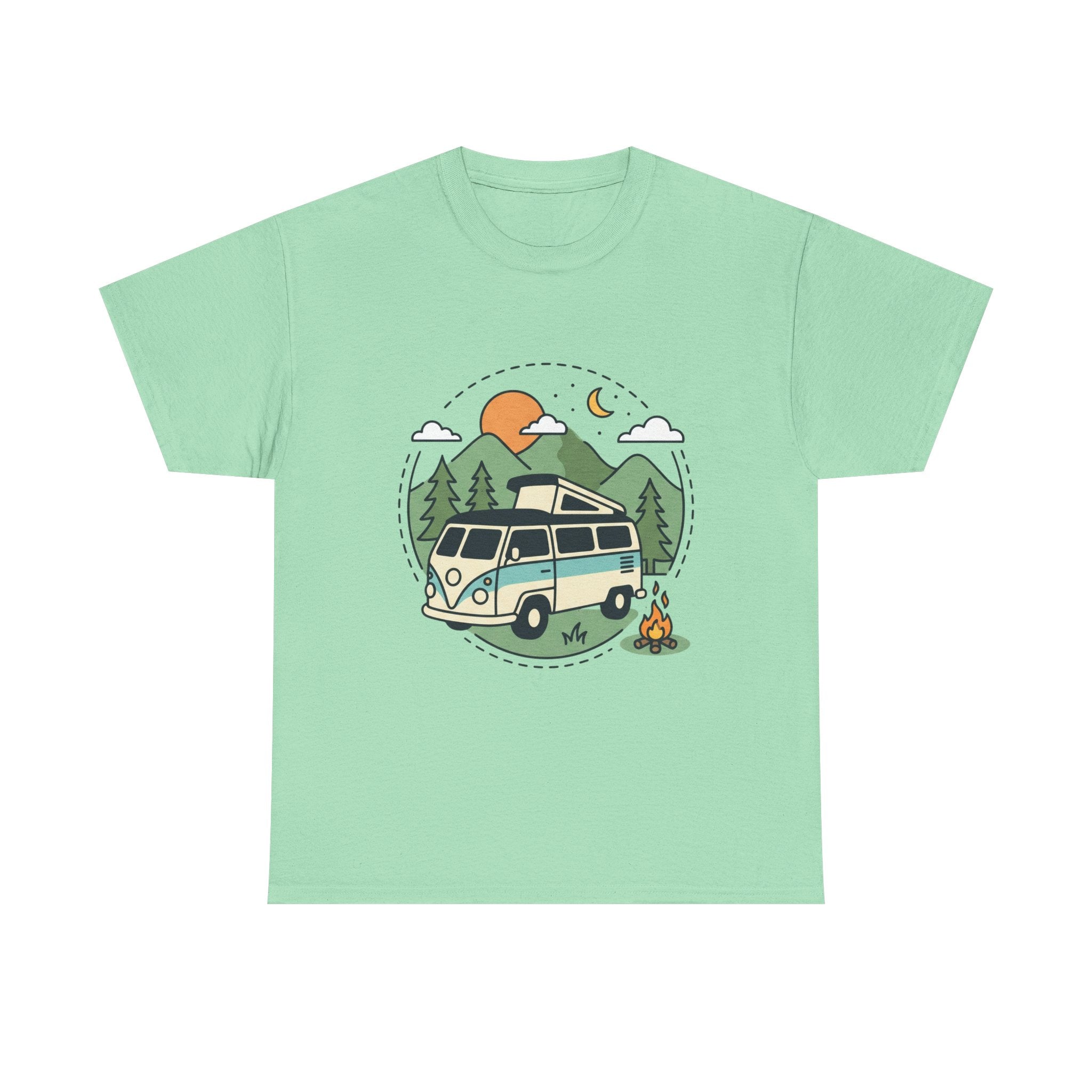 Camper Van Camping T‑Shirt — Retro Van, Mountains & Campfire Tee