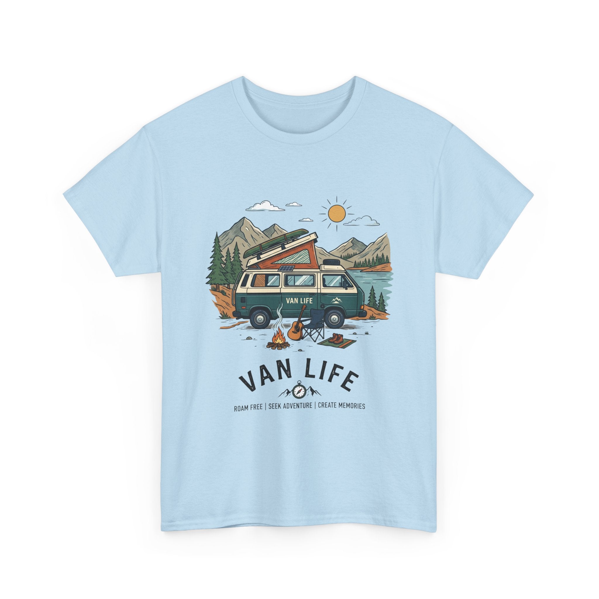 Van Life Camper T-Shirt — Retro Adventure Tee with Campfire Graphic