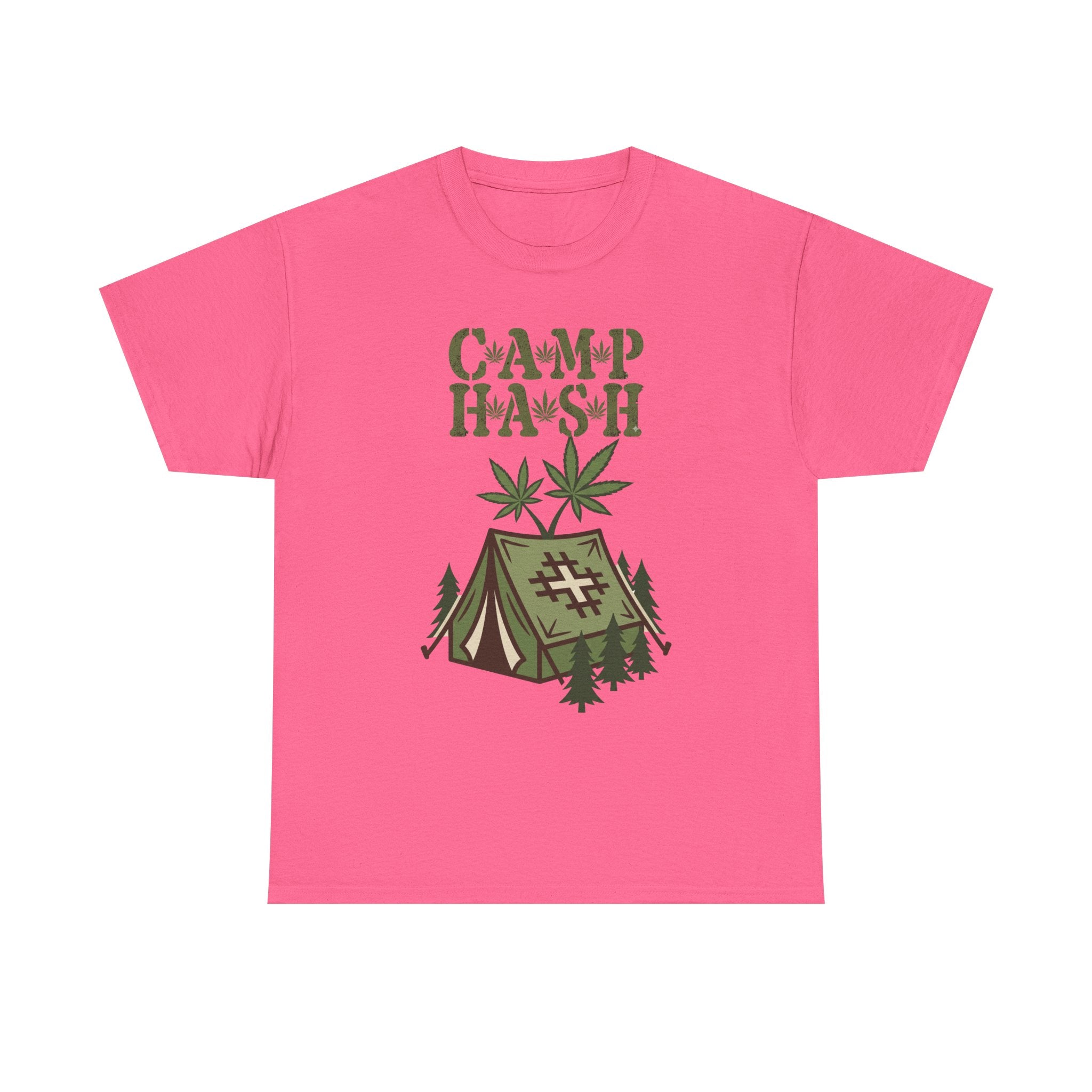 Camp Hash Cannabis Camping T‑Shirt — Retro Tent & Leaf Outdoor Smoke Tee