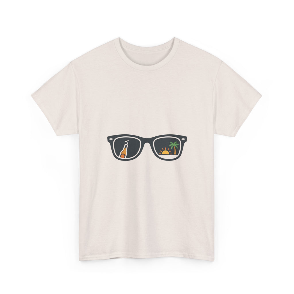 Sunglasses Reflection Tee — Tropical Beach & Palm Drink Graphic T-Shirt