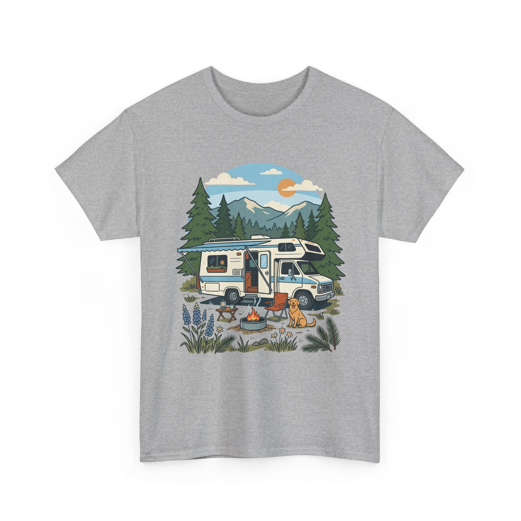 Camper Van Camping T‑Shirt — Retro RV Campfire Graphic Tee for Outdoors Lovers
