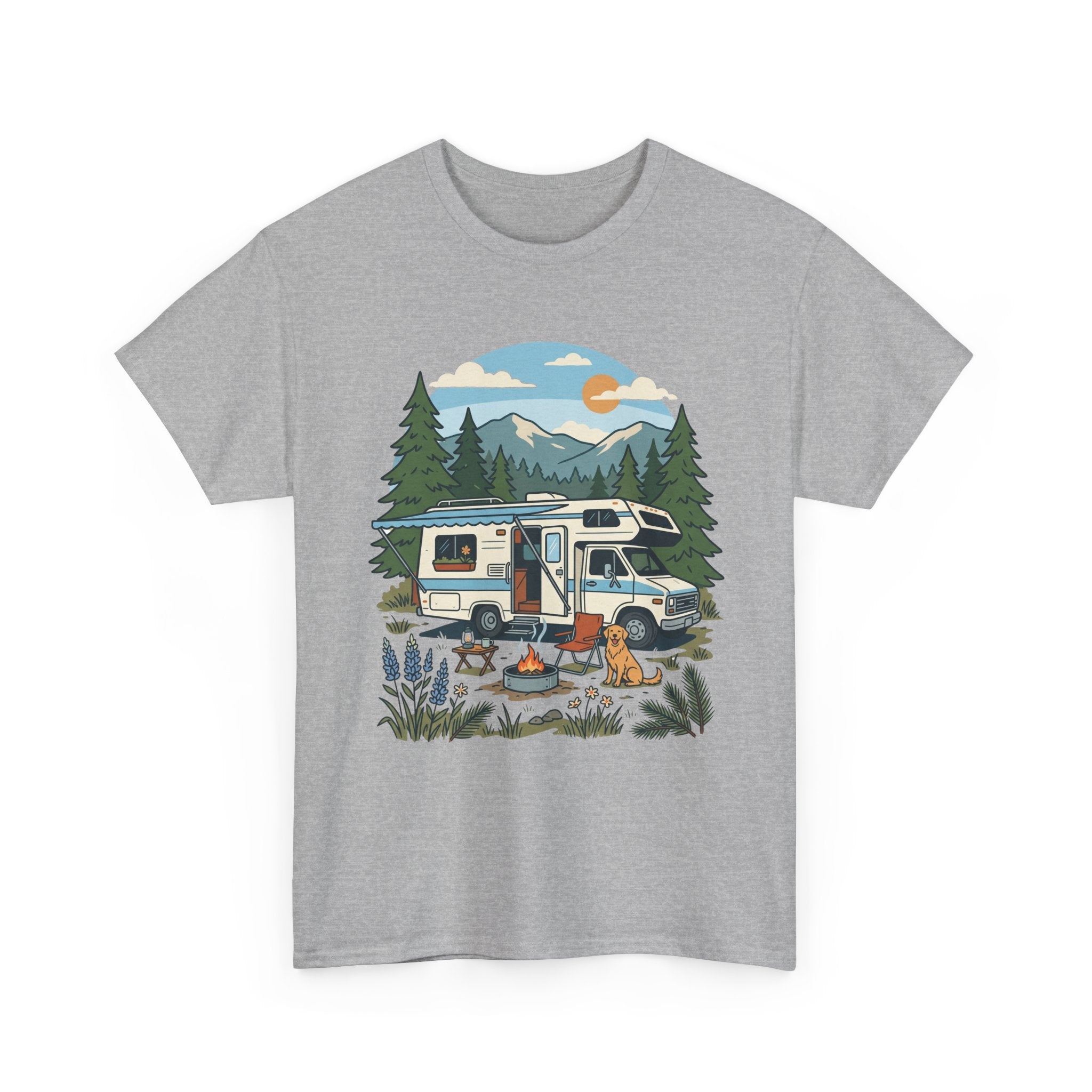 Camper Van Camping T‑Shirt — Retro RV Campfire Graphic Tee for Outdoors Lovers