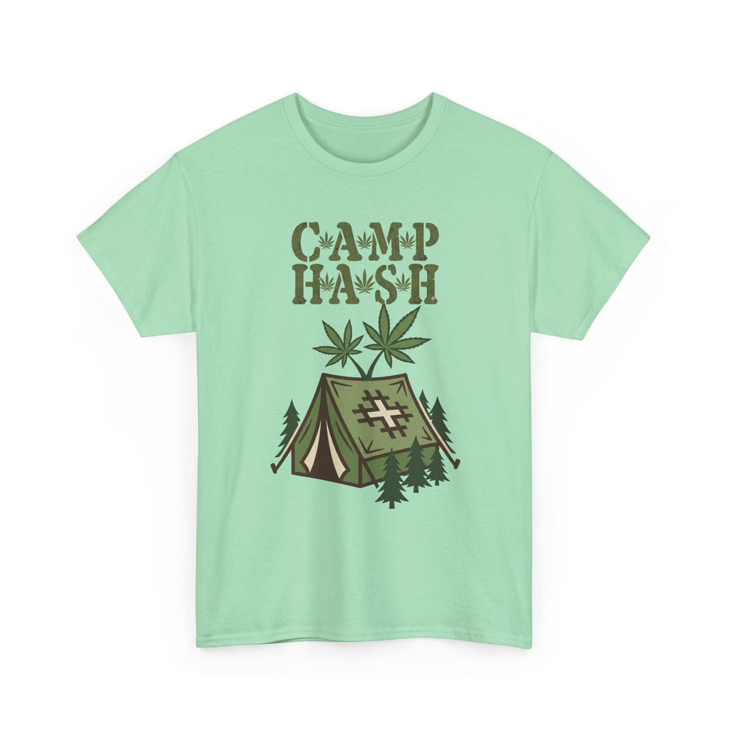 Camp Hash Cannabis Camping T‑Shirt — Retro Tent & Leaf Outdoor Smoke Tee