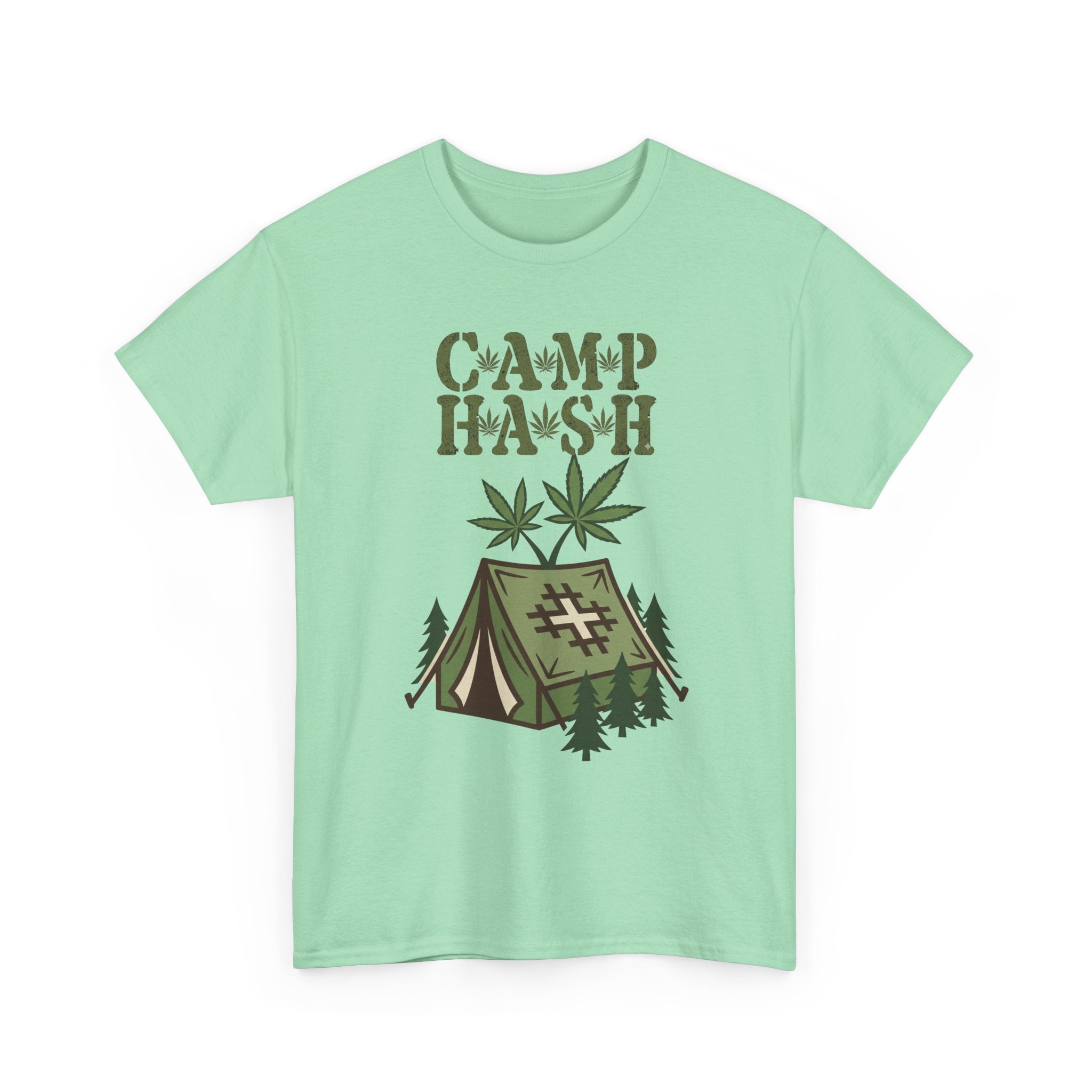 Camp Hash Cannabis Camping T‑Shirt — Retro Tent & Leaf Outdoor Smoke Tee
