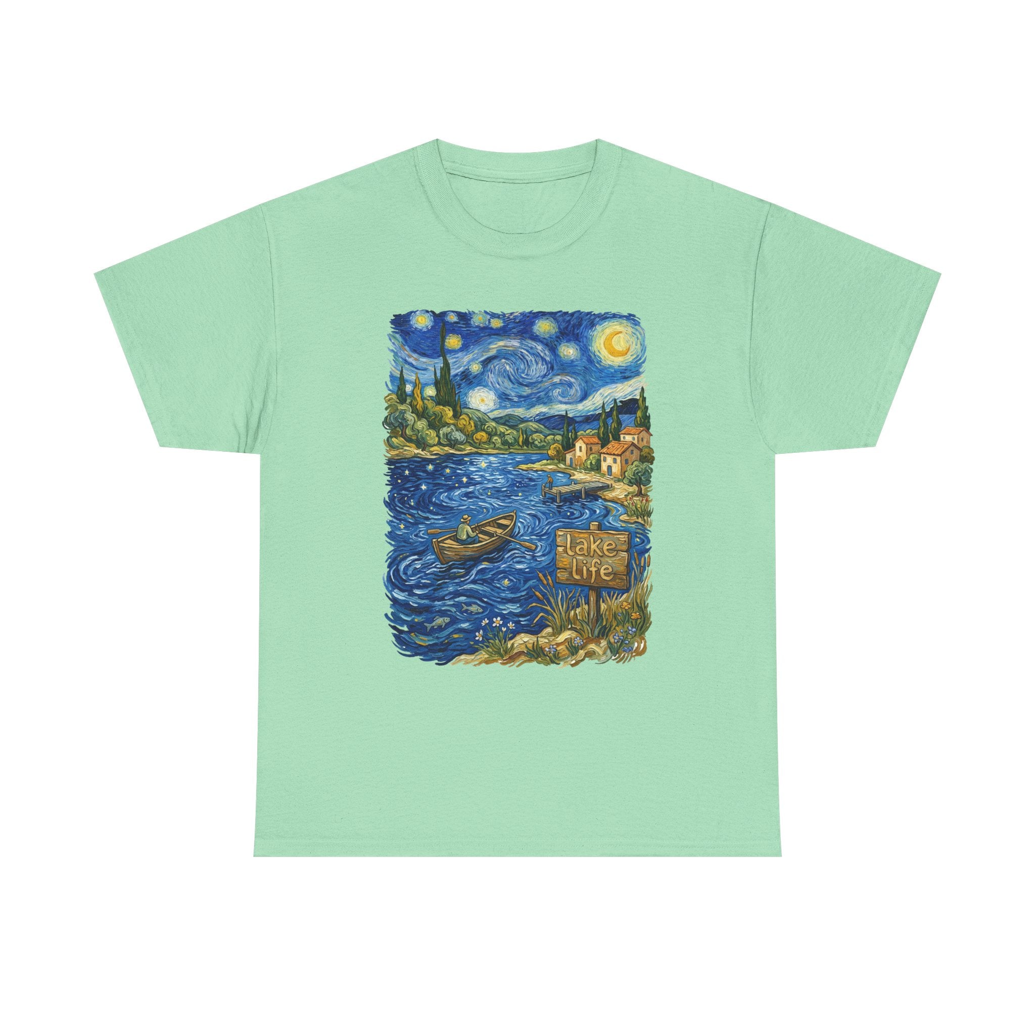 T-Shirt — Van Gogh Night Lake Art Tee (Boat on Starry Night)