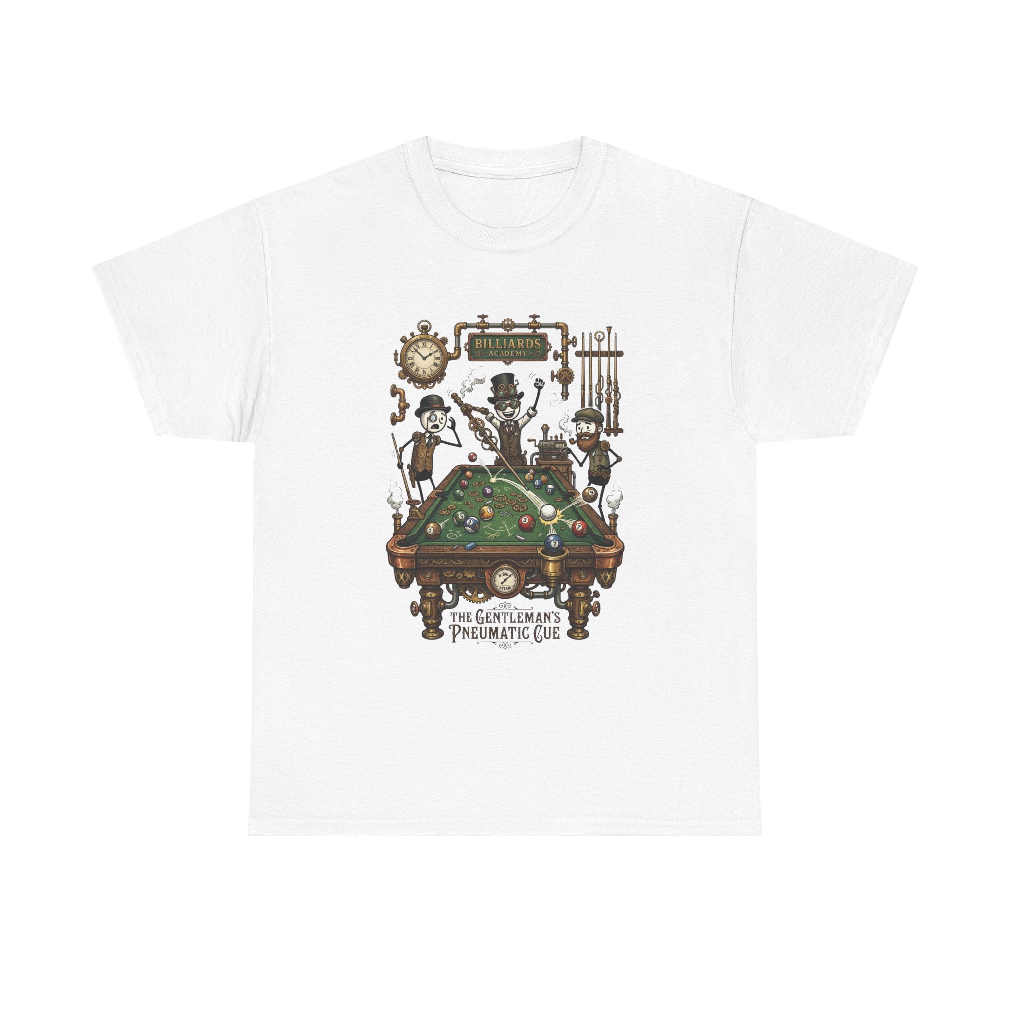 Steampunk Billiards Tee – 'The Gentleman's Pneumatic Cue' Pool Table Graphic Shirt