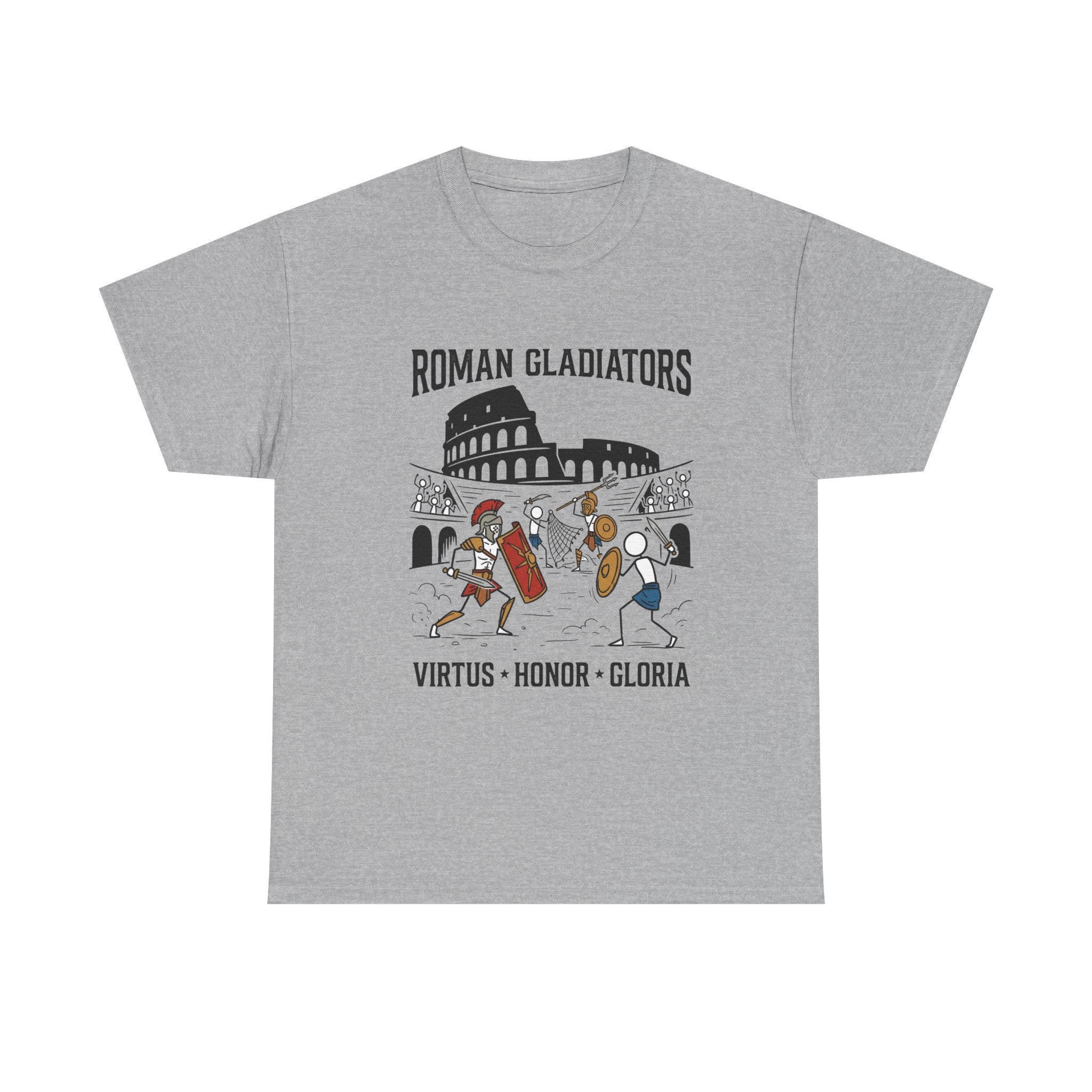 Roman Gladiators T-Shirt — Colosseum Design with "Virtus • Honor • Gloria"
