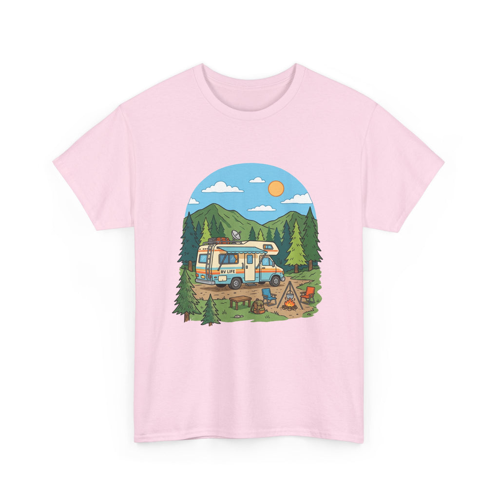 Camping Van Graphic Tee — Retro Camper Van & Campfire Outdoor Shirt