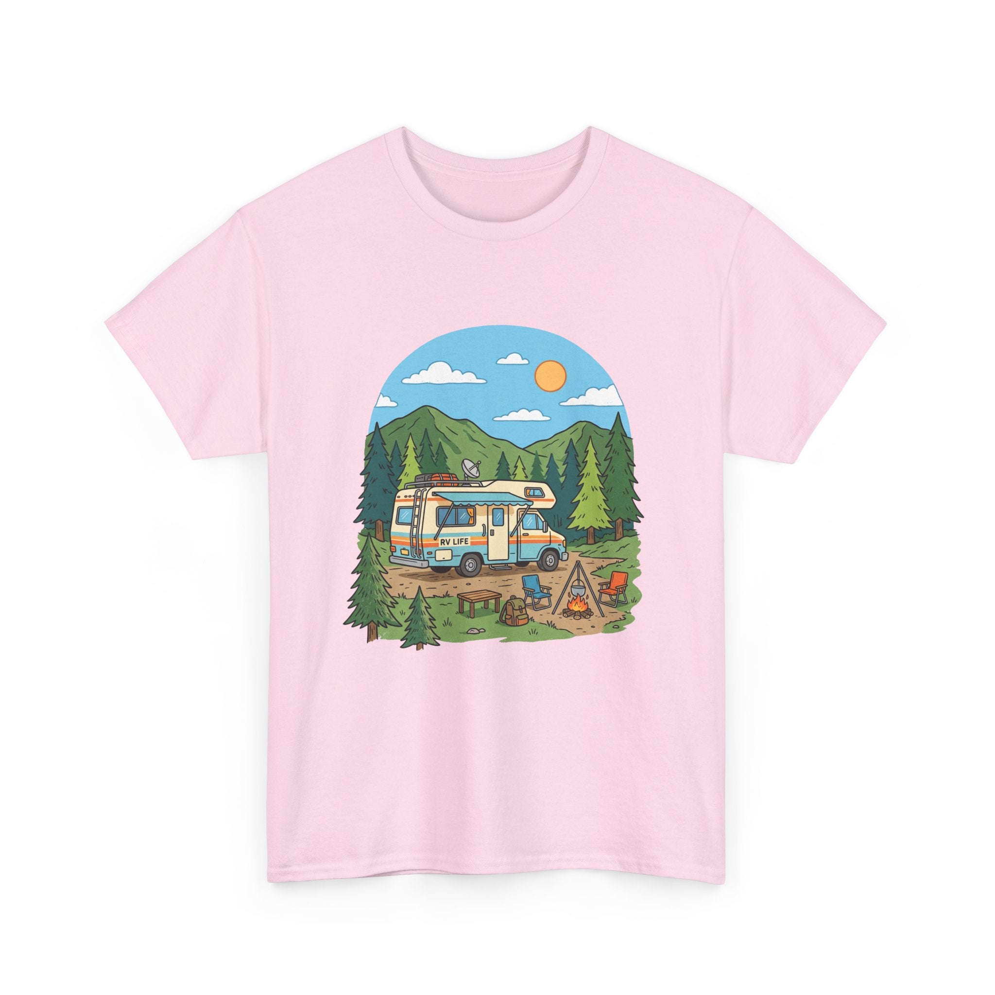 Camping Van Graphic Tee — Retro Camper Van & Campfire Outdoor Shirt