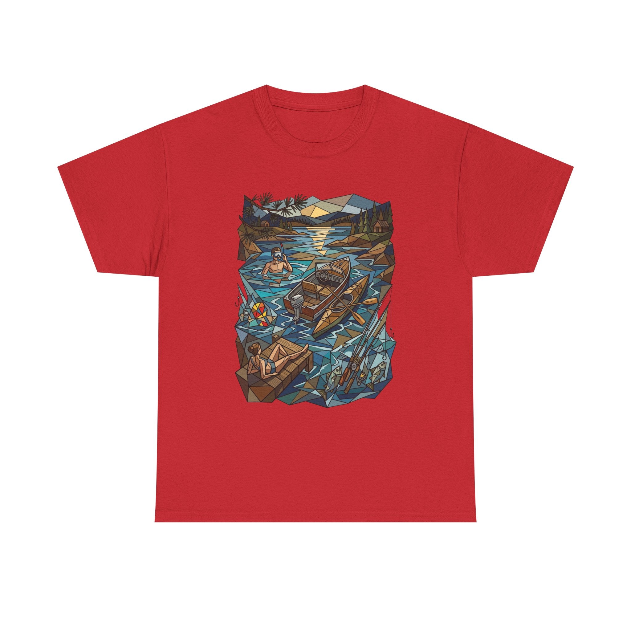 Fishing River Scene T-Shirt — Scenic Canoe & Rowboat Lake Outdoor Adventure Tee