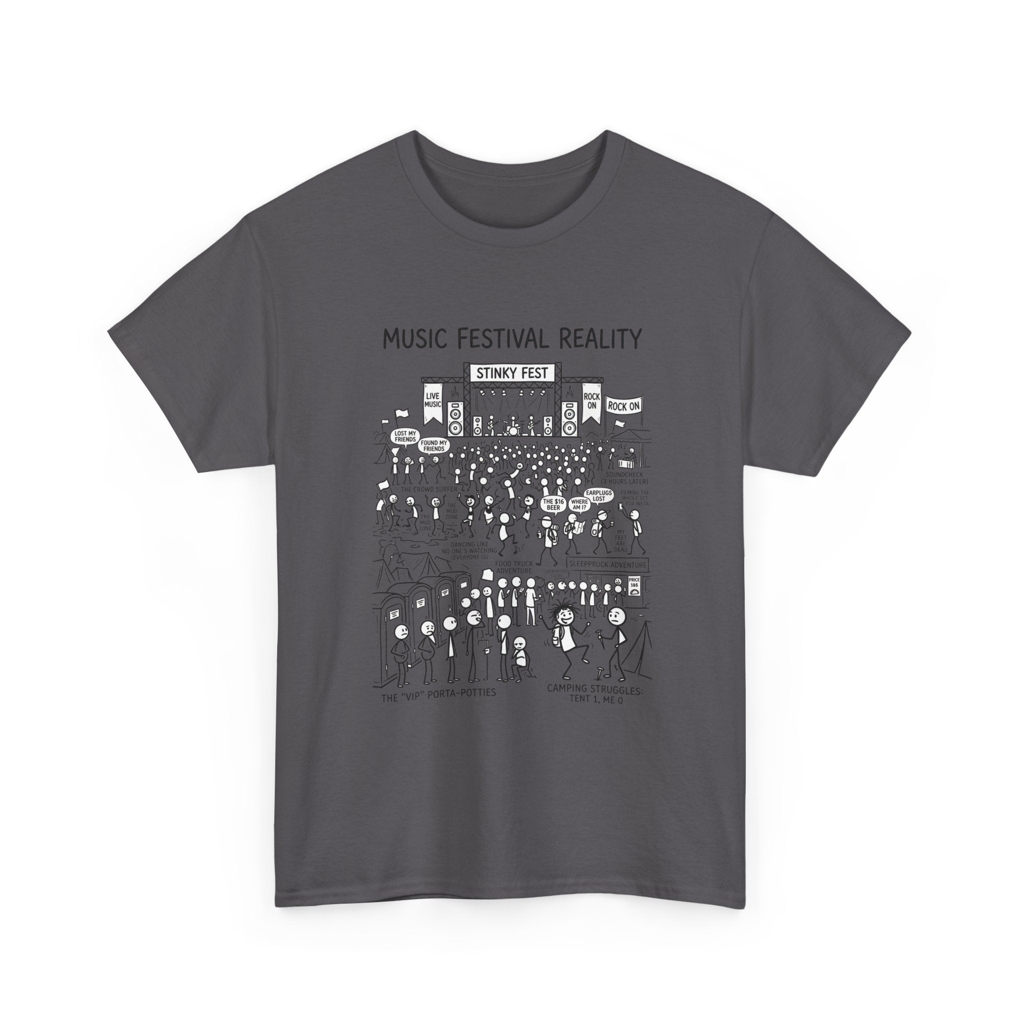 T-Shirt — "Music Festival Reality" Cartoon Illustration Tee