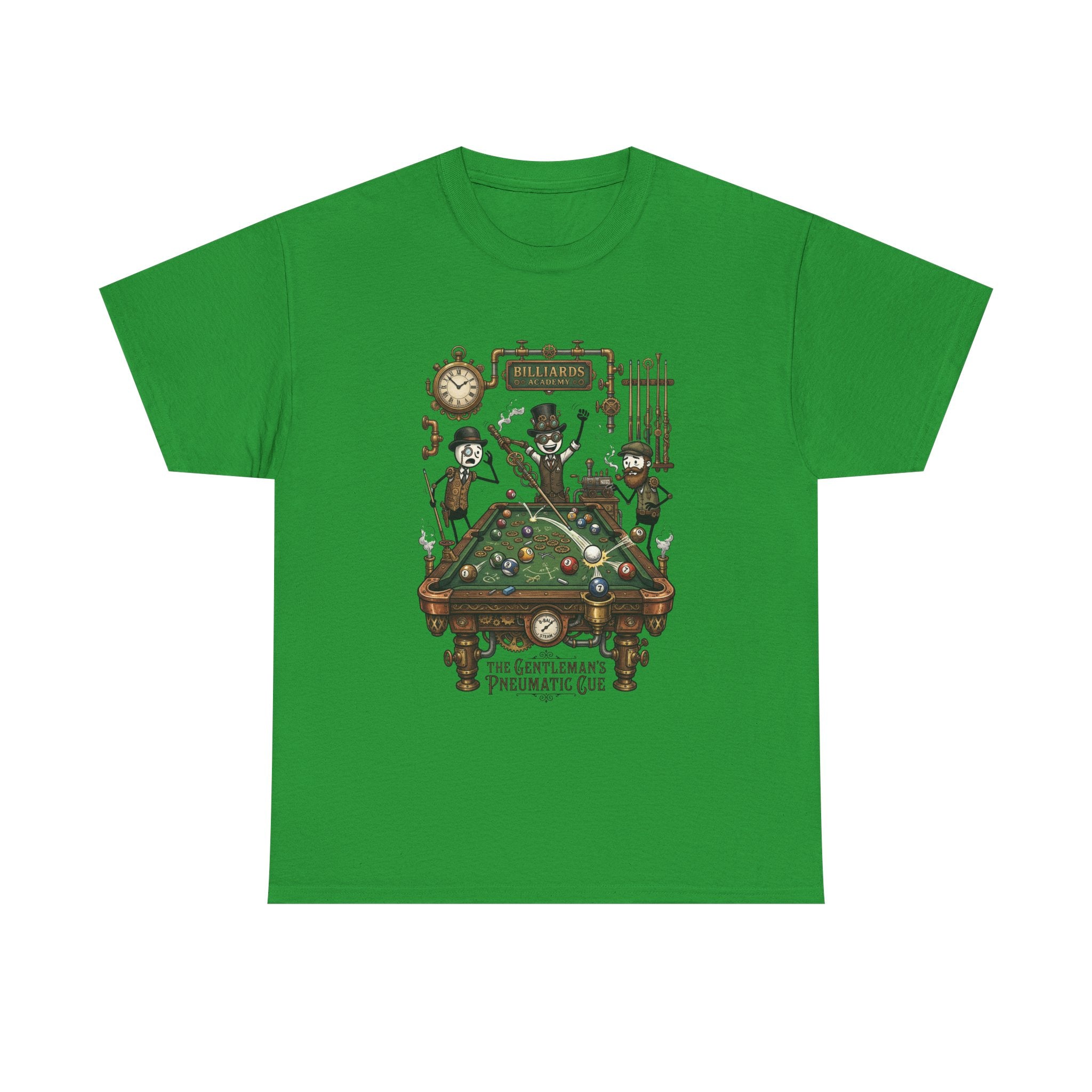 Steampunk Billiards Tee – 'The Gentleman's Pneumatic Cue' Pool Table Graphic Shirt