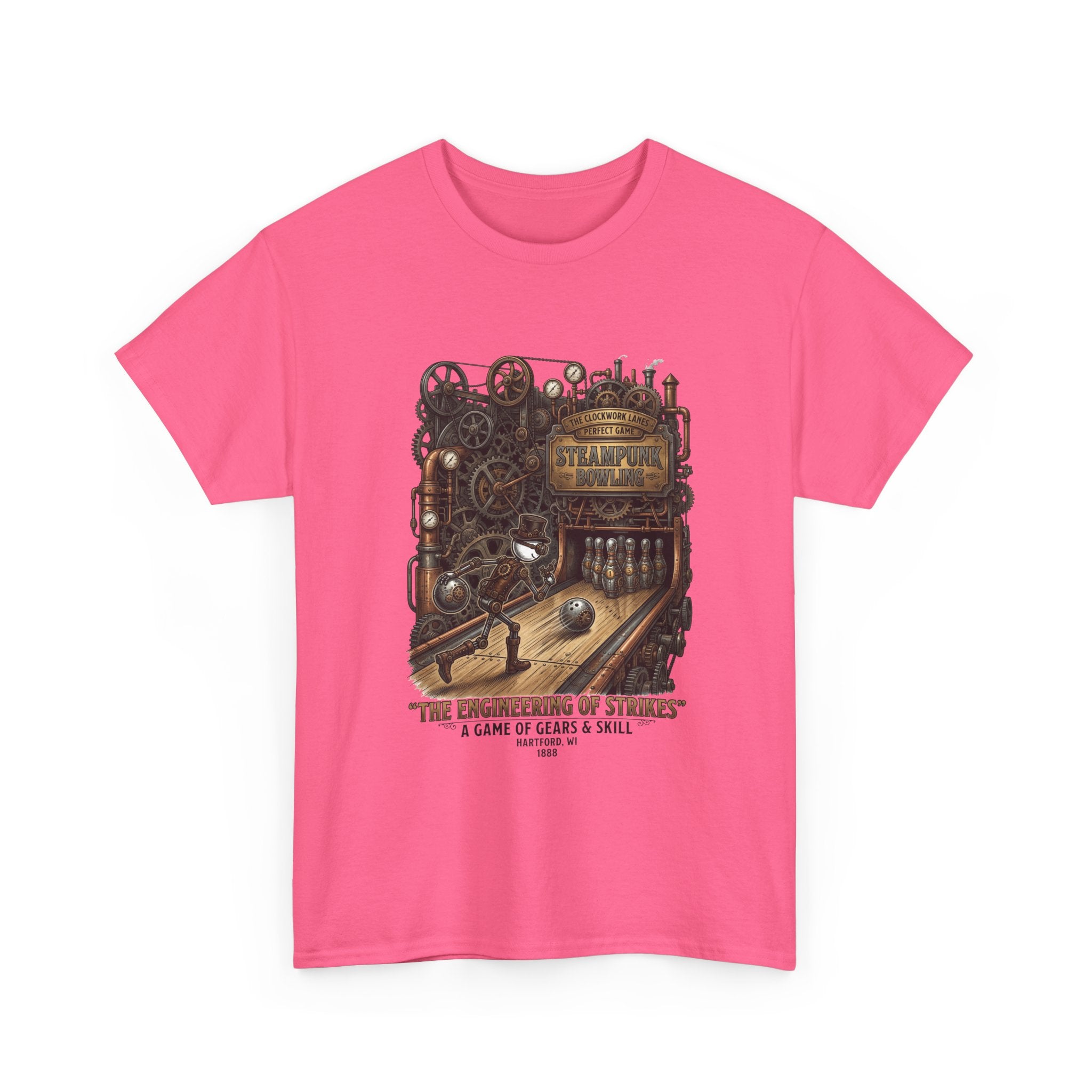 Steampunk Bowling T-Shirt — "The Engineering of Strikes" Vintage Gears Design