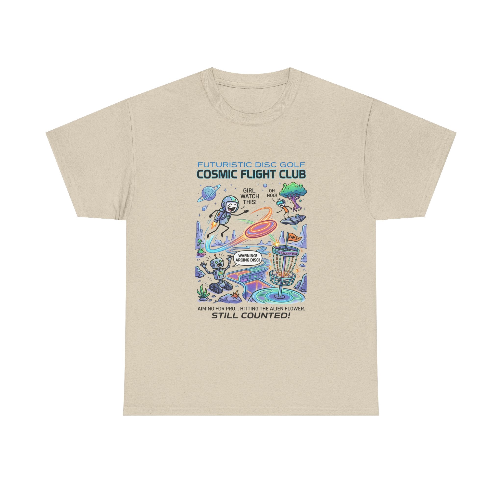Cosmic Flight Club Disc Golf T-Shirt — Futuristic Outer Space Design