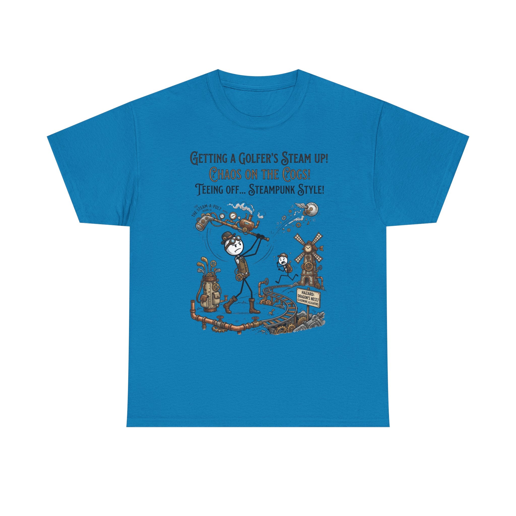 Steampunk Golf T-Shirt - "Getting a Golfer's Steam Up! Chaos on the Cogs" Graphic Tee