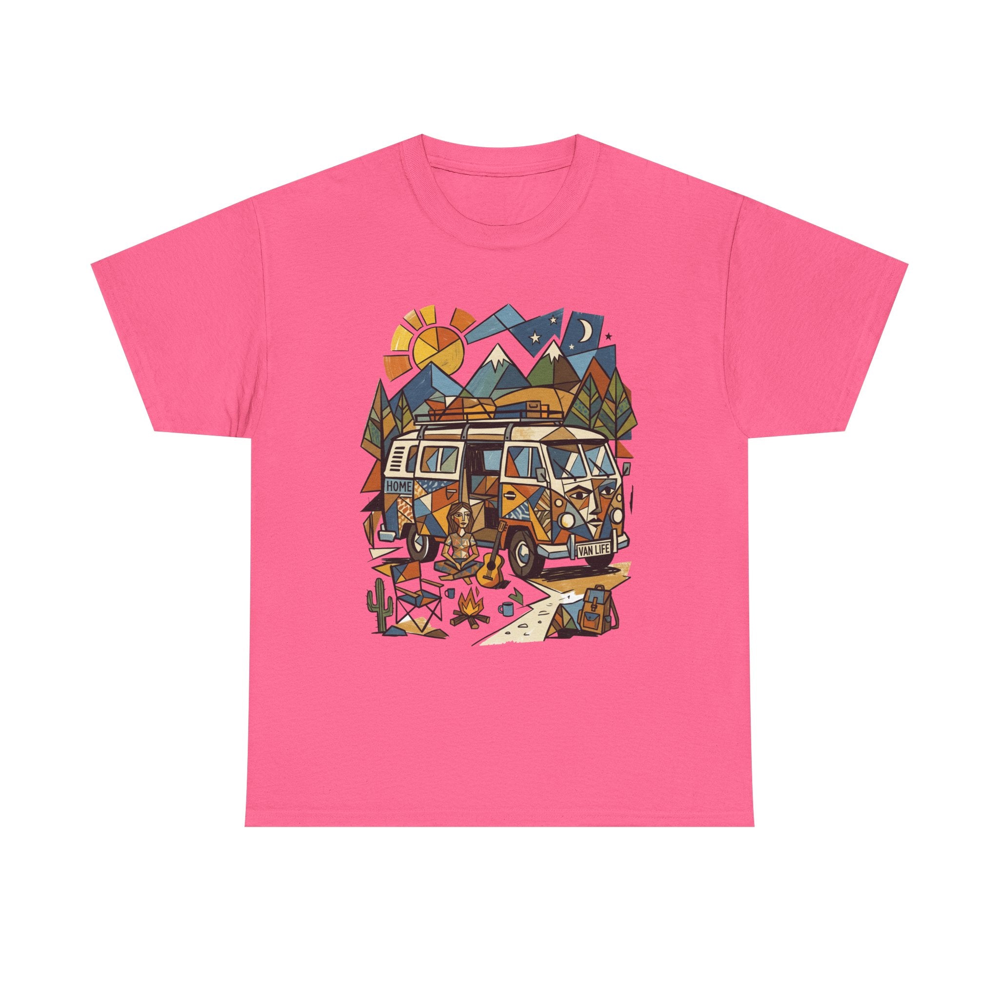 Adventure Van Camping T-Shirt — Retro Camper Van, Mountains & Campfire Graphic Tee