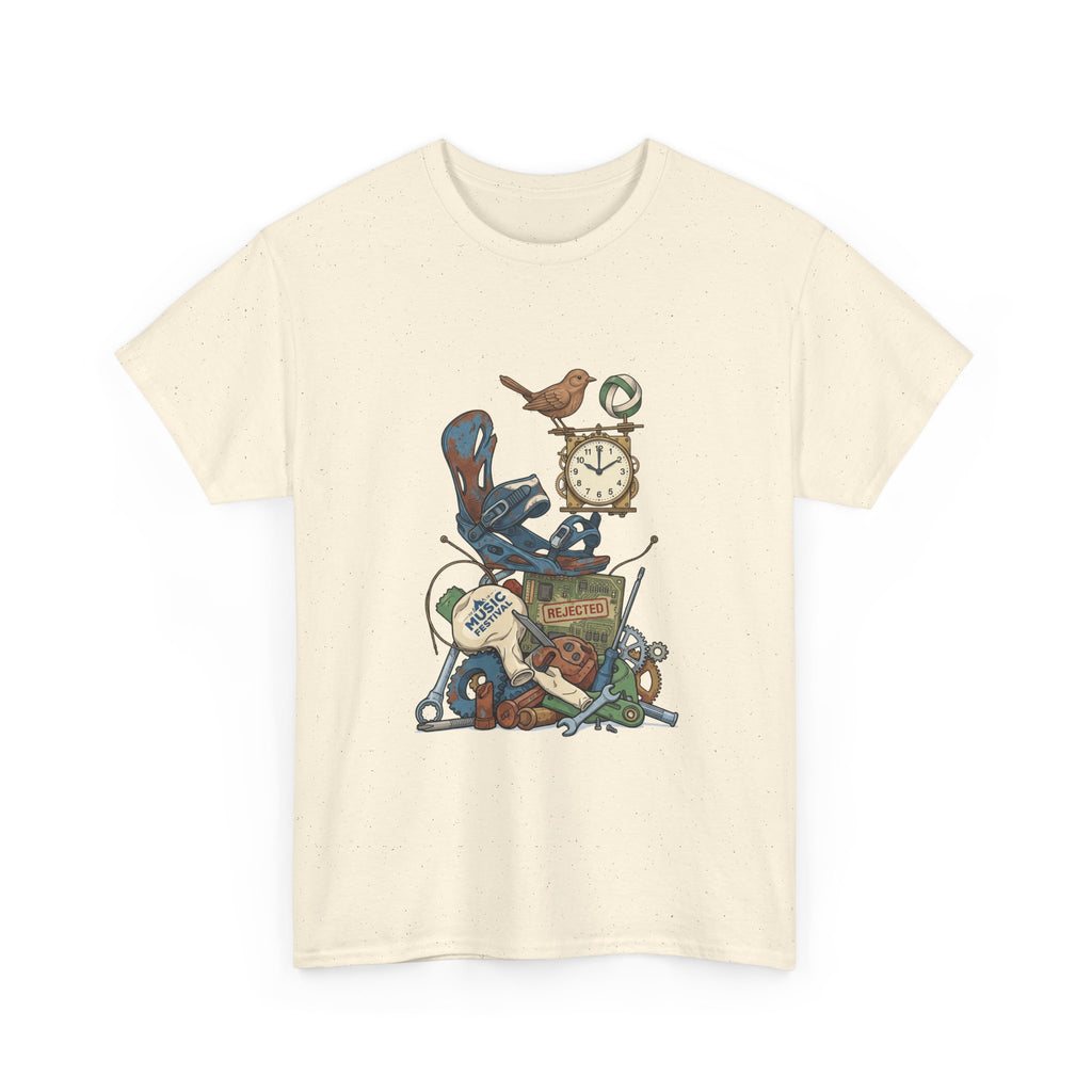 Vintage Hobbies Stack T-Shirt — Retro Clock, Guitar & Tools Illustration