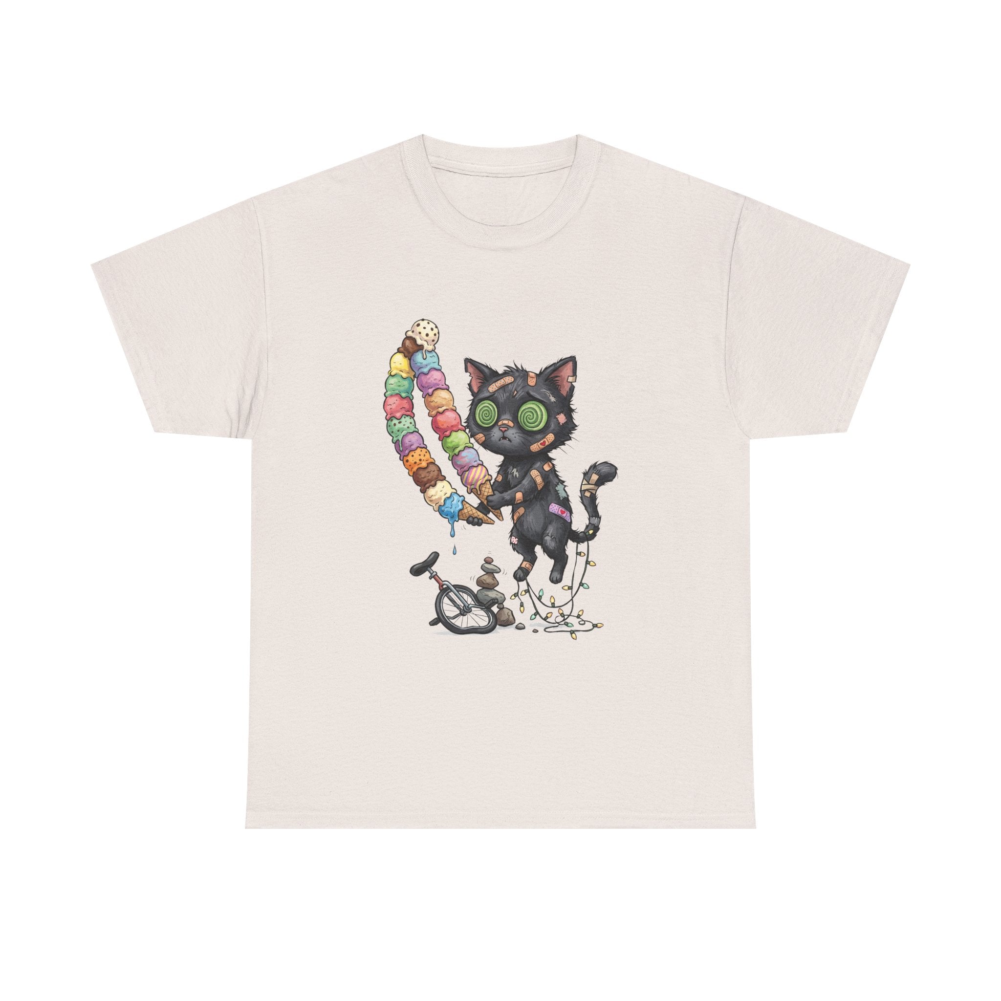 Cat with Ice Cream Graphic Tee — Cute Retro Kawaii Black Cat Holding Rainbow Ice Cream