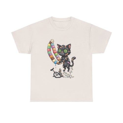 Cat with Ice Cream Graphic Tee — Cute Retro Kawaii Black Cat Holding Rainbow Ice Cream
