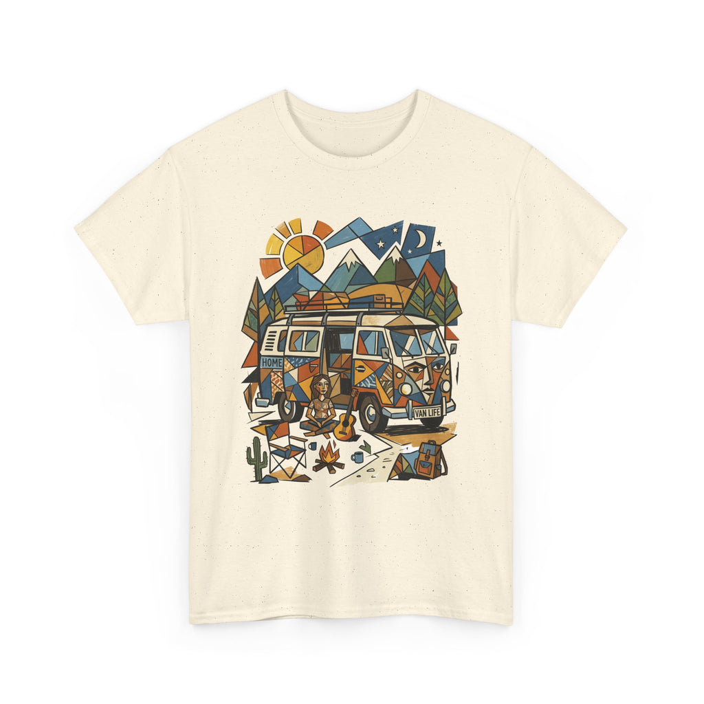 Adventure Van Camping T-Shirt — Retro Camper Van, Mountains & Campfire Graphic Tee