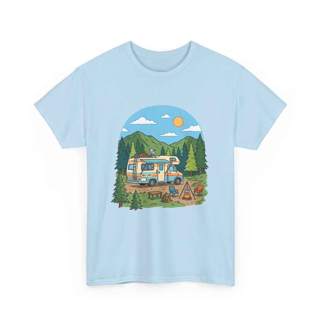 Camping Van Graphic Tee — Retro Camper Van & Campfire Outdoor Shirt