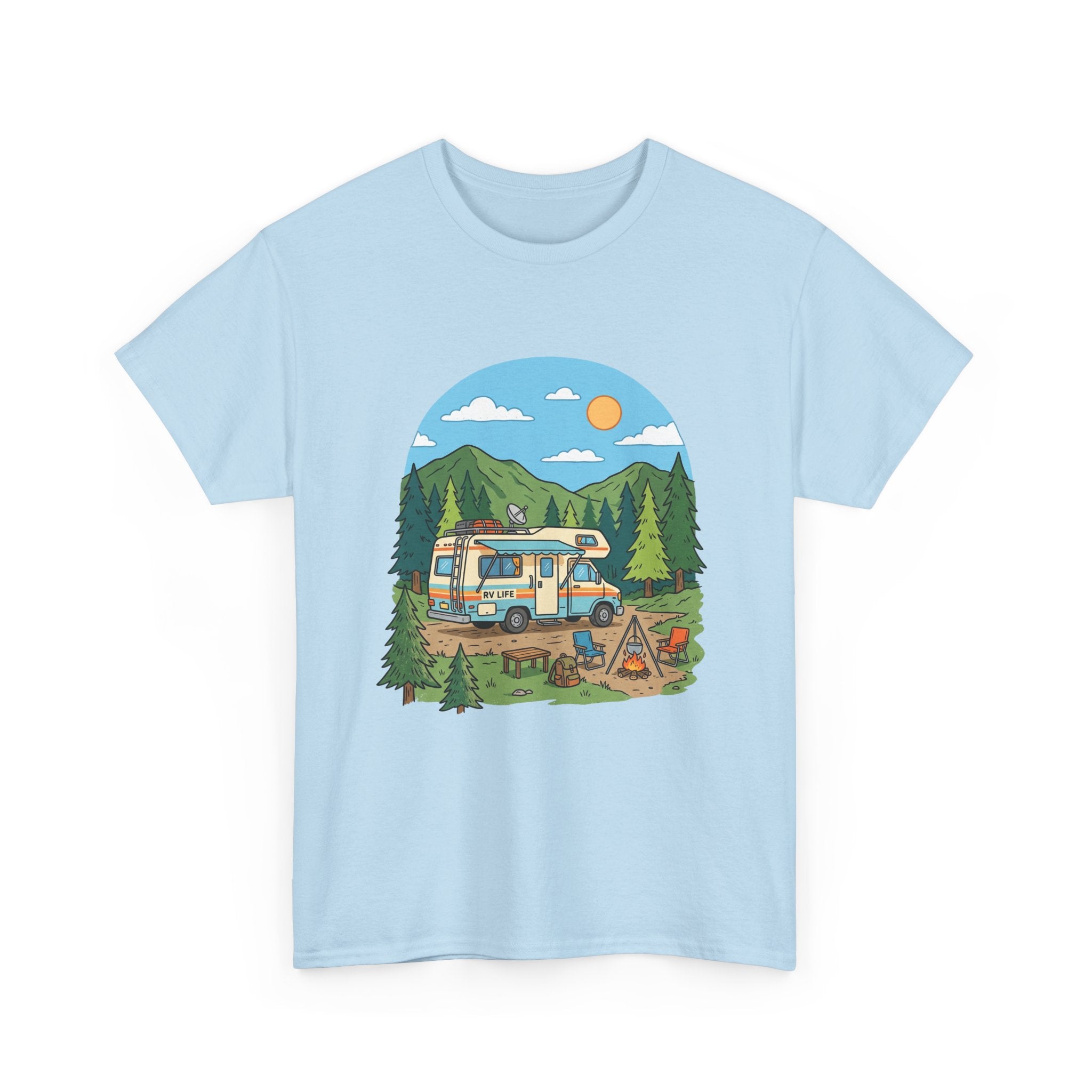 Camping Van Graphic Tee — Retro Camper Van & Campfire Outdoor Shirt