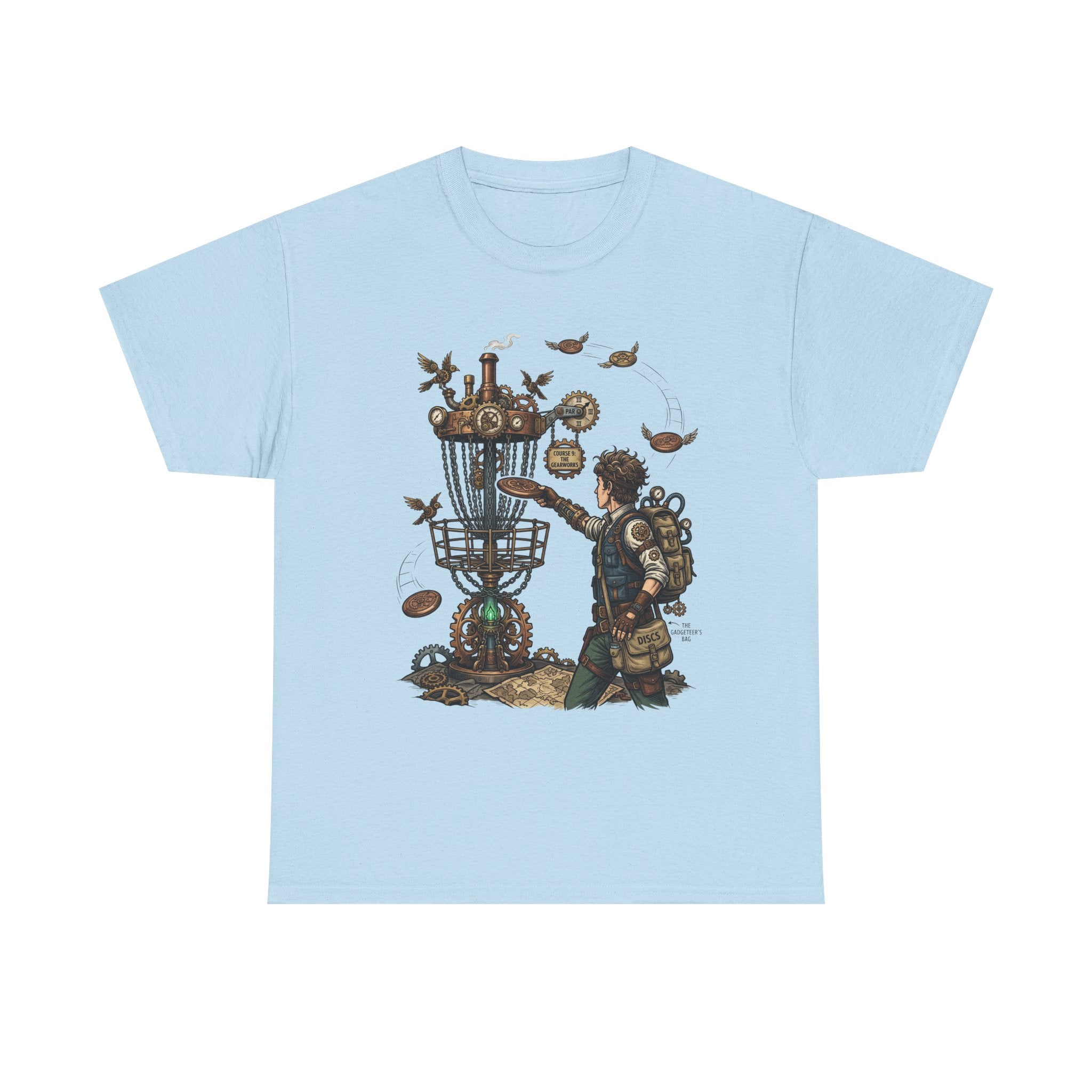 Disc Golf Adventure T‑Shirt — Steampunk Player & Birdie Basket Graphic Tee