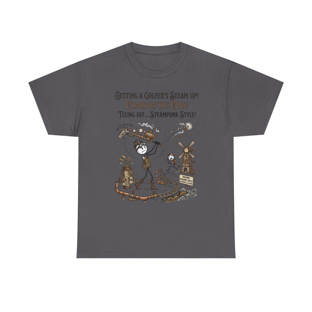 Steampunk Golf T-Shirt - "Getting a Golfer's Steam Up! Chaos on the Cogs" Graphic Tee