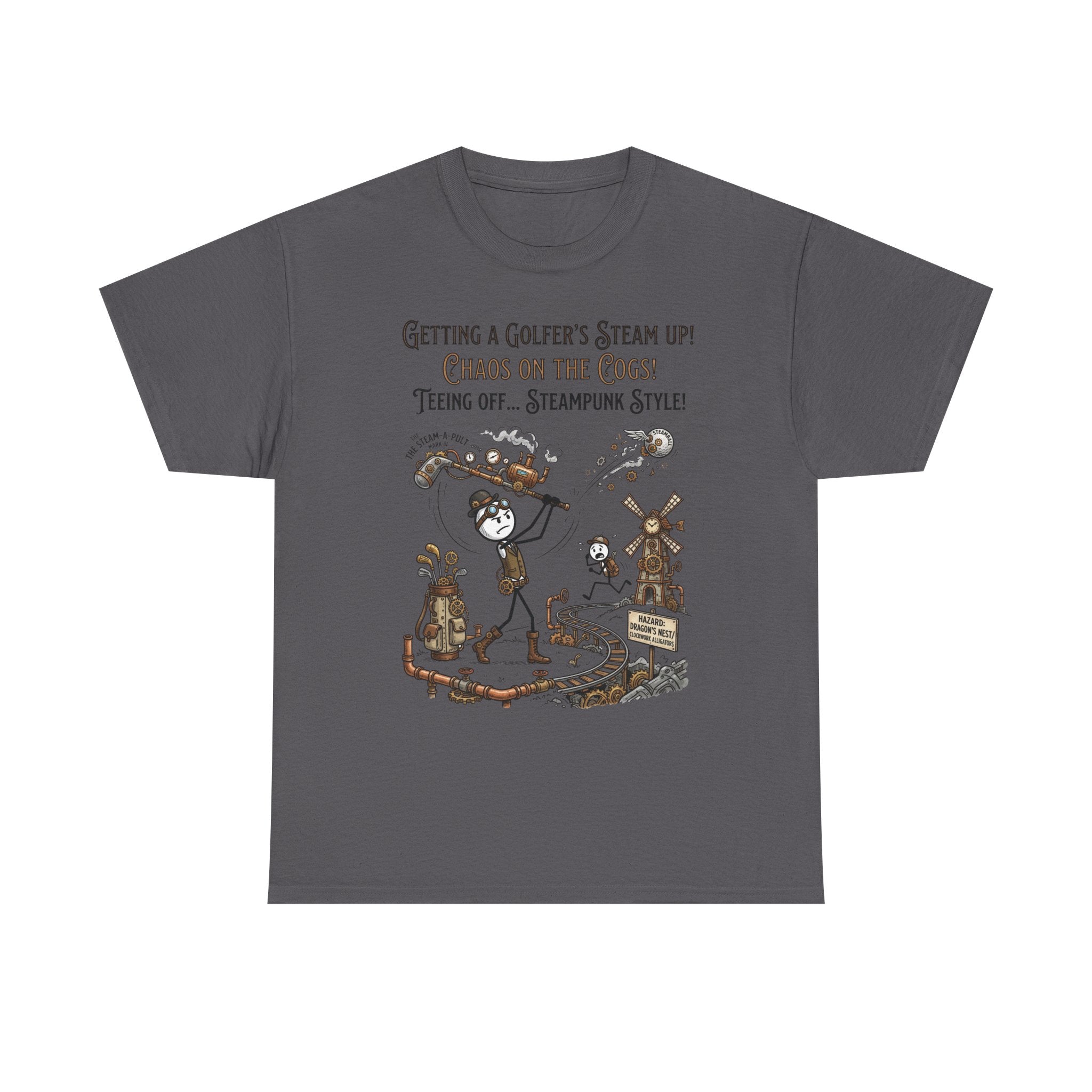 Steampunk Golf T-Shirt - "Getting a Golfer's Steam Up! Chaos on the Cogs" Graphic Tee